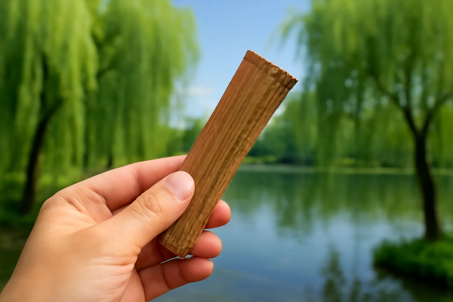 Mảnh vỏ cây liễu trong lòng bàn tay bên hàng liễu rủ ven hồ