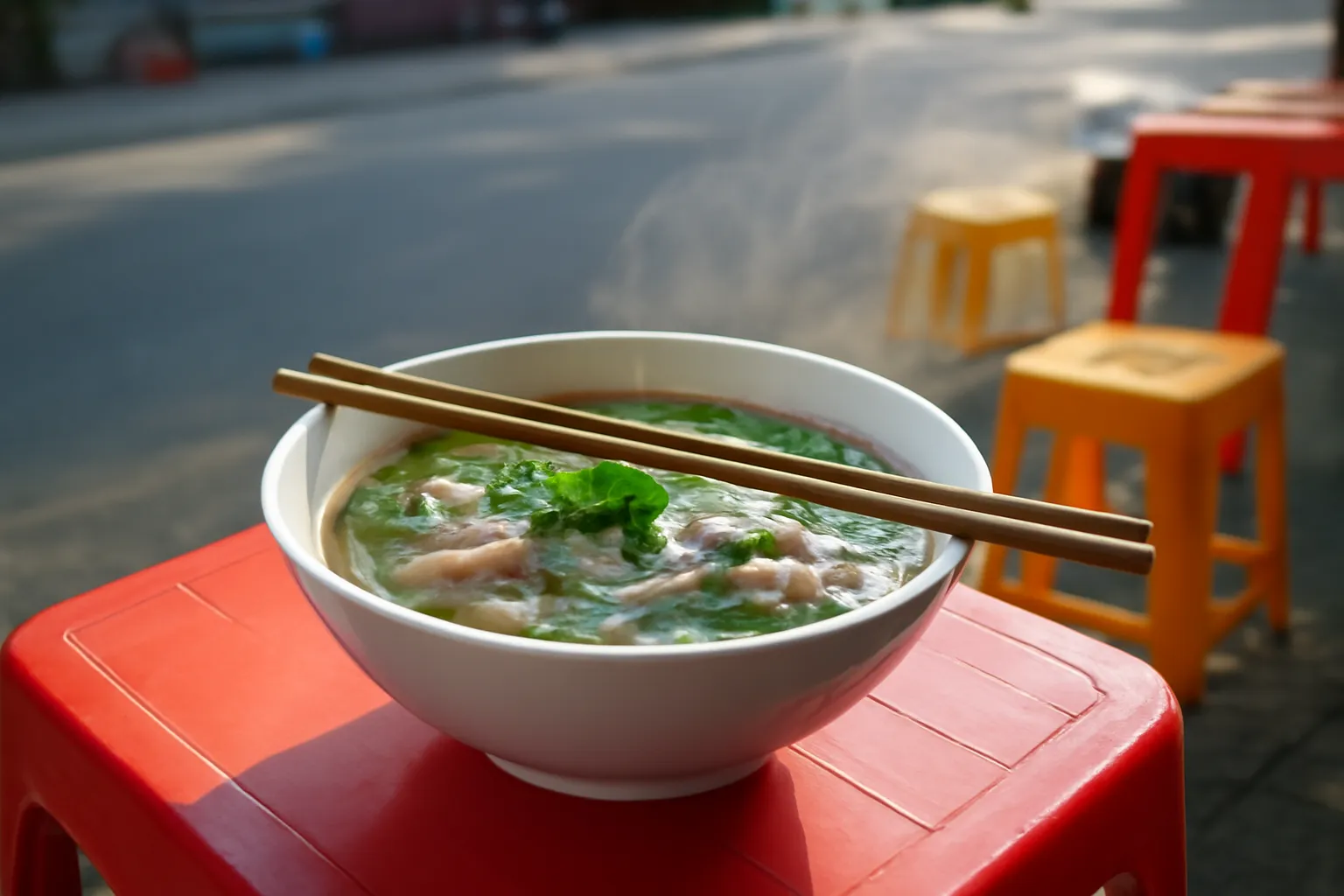 Tô phở bốc khói trên bàn quán vỉa hè buổi sáng