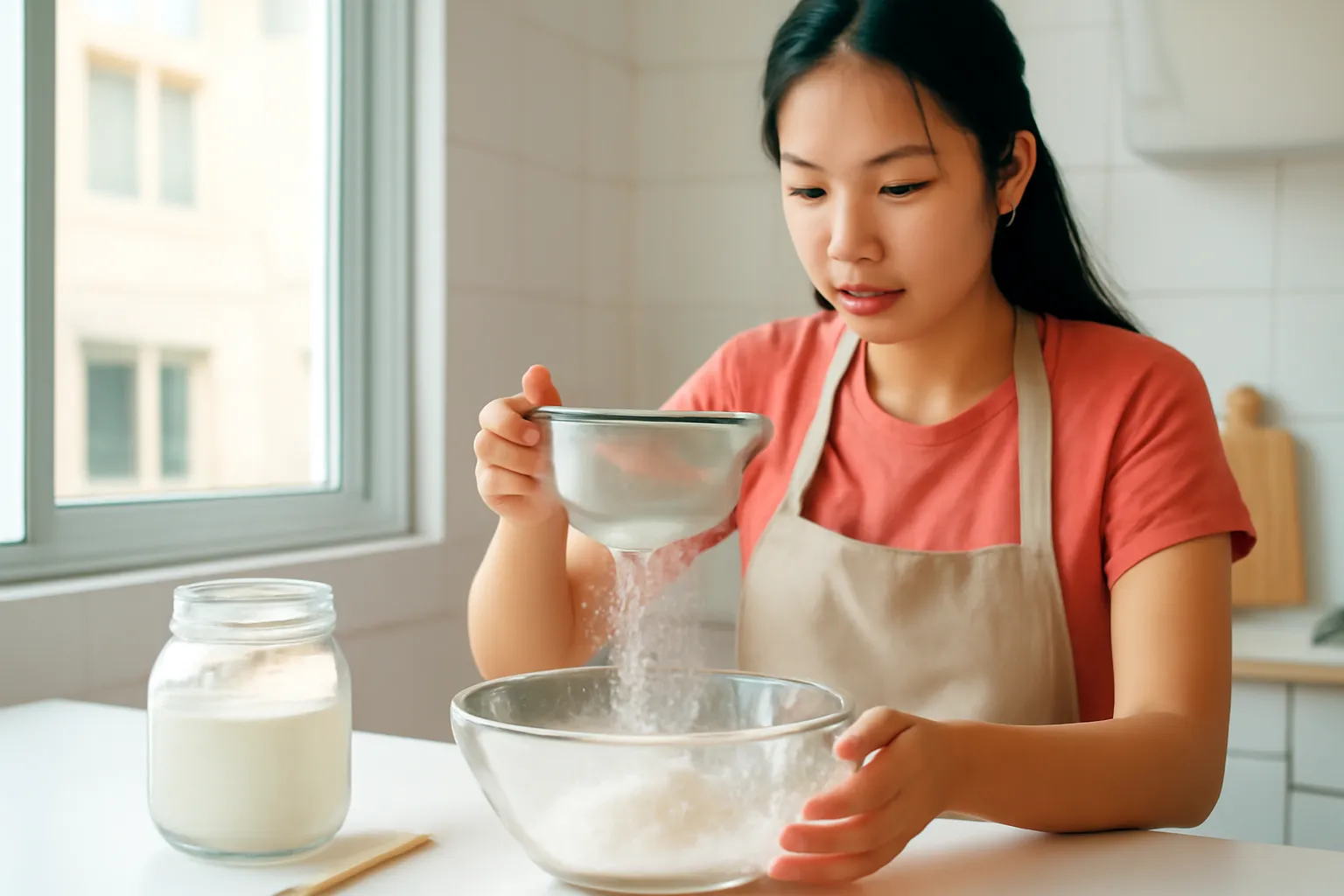 Cô gái rây bột vào âu thuỷ tinh trong căn bếp nhỏ đầy nắng