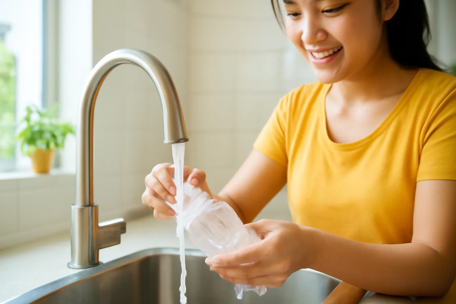 Người mẹ tráng bình sữa trẻ em bằng nước ở bồn rửa bếp