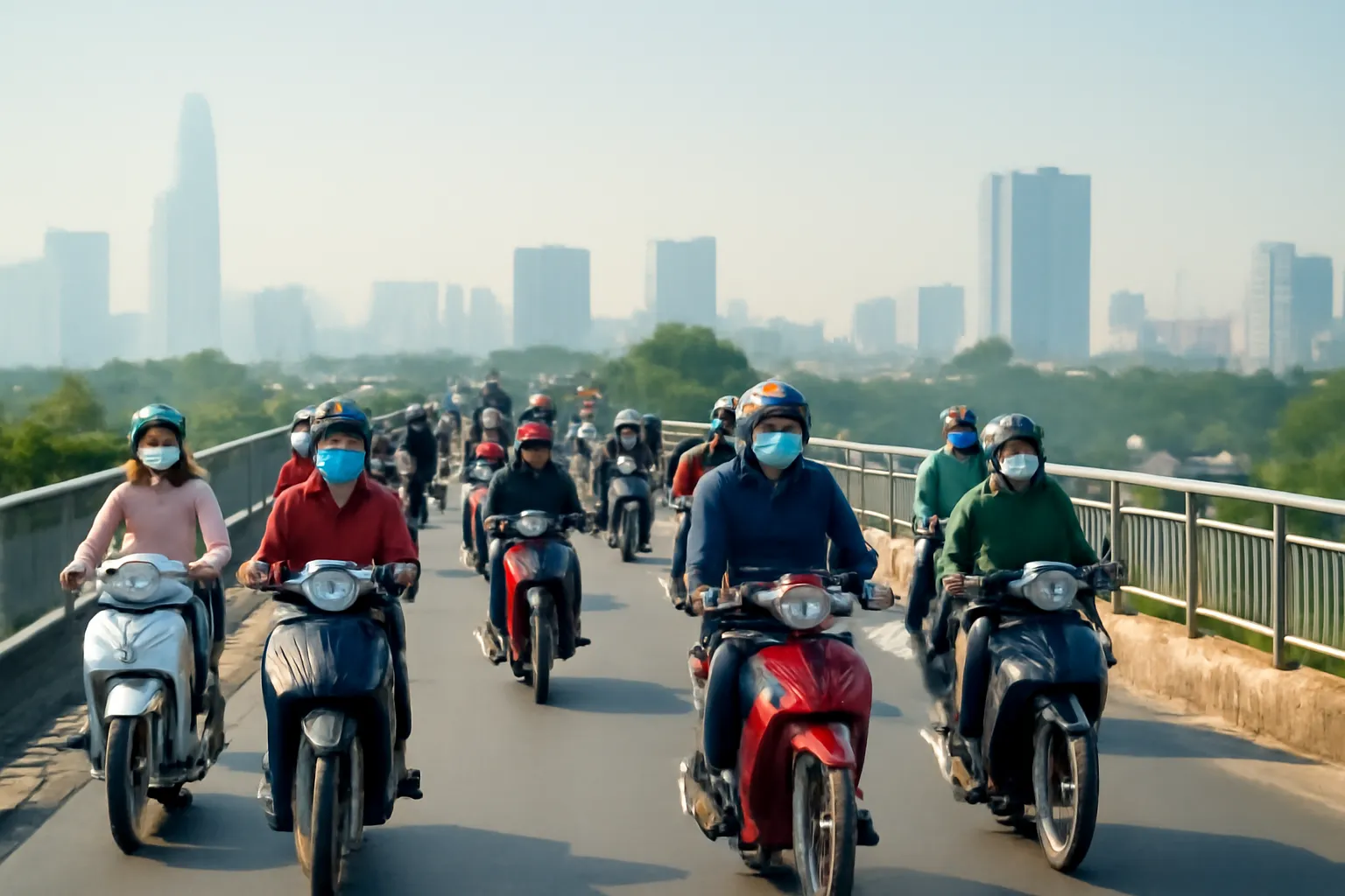 Người đi xe máy đeo khẩu trang trên cầu vượt trong ngày trời mờ
