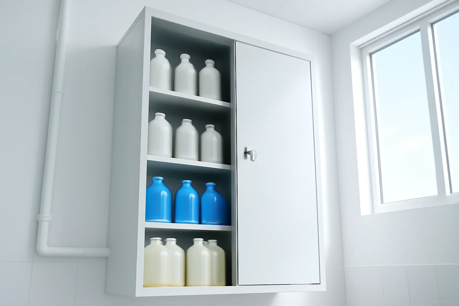 Tủ cao có khoá gắn tường nhà kho với chai lọ xếp ngăn nắp