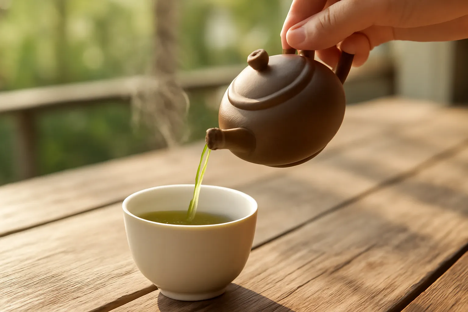 Ấm trà xanh rót vào chén sứ trắng ở hiên nhà buổi sáng