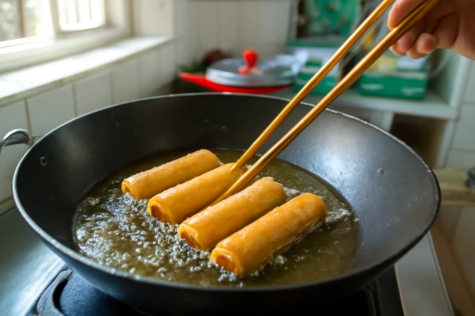 Chảo dầu đang chiên chả giò vàng giòn với đôi đũa tre dài