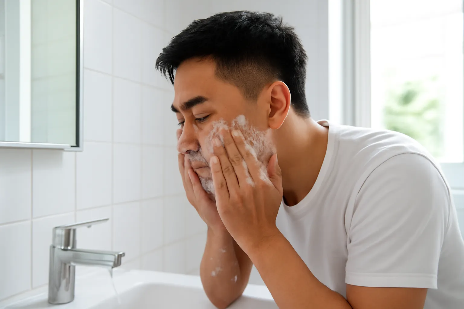 Chàng trai rửa mặt với bọt trắng trước gương phòng tắm sáng sủa