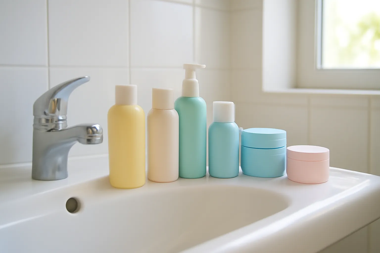 Các chai lọ mỹ phẩm trơn không nhãn xếp trên bồn rửa sứ trắng