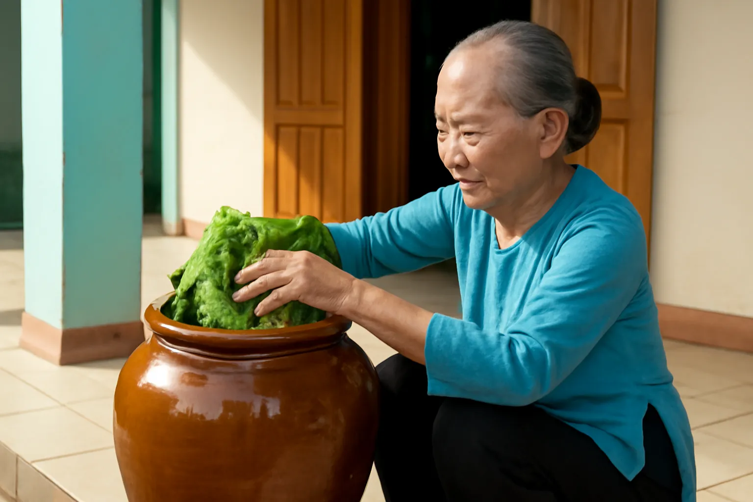 Bà cụ nén dưa cải vào vại sành ở hiên nhà buổi sáng