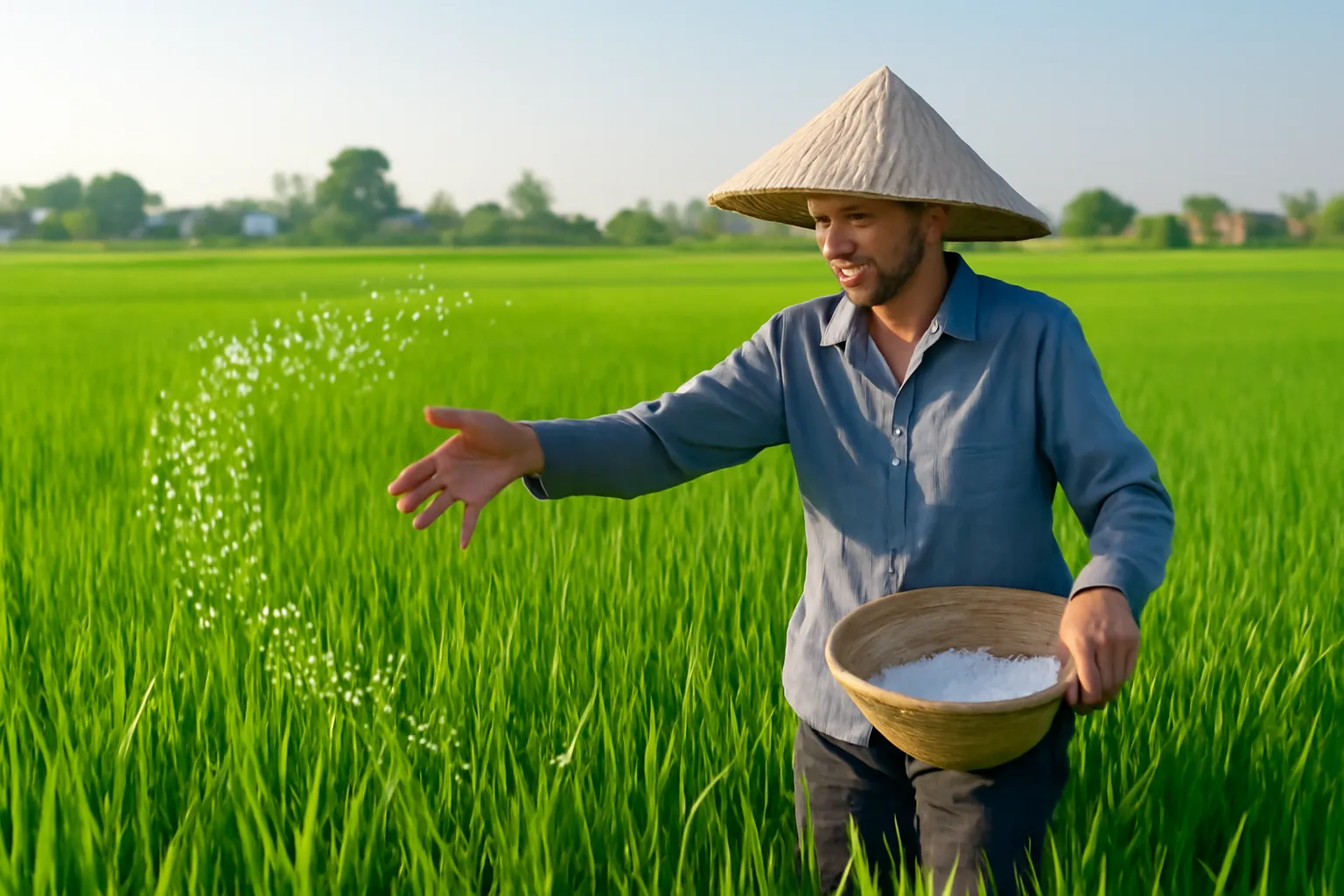 Nông dân rải phân hạt trắng trên ruộng lúa xanh buổi sáng