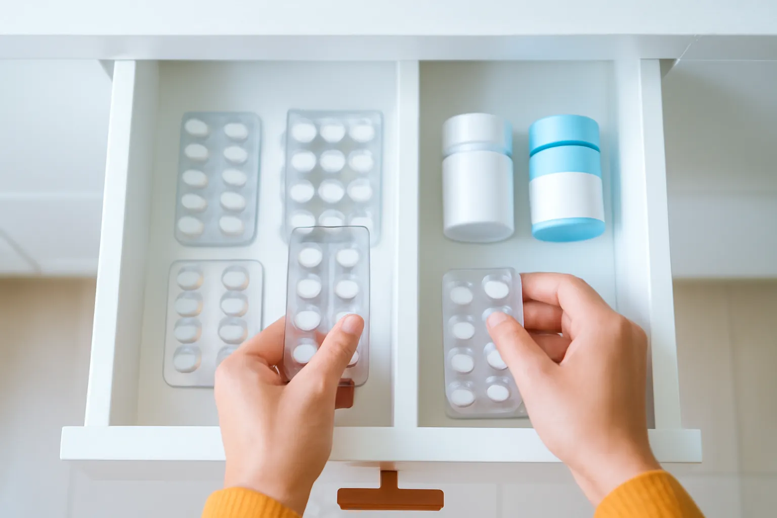 Ngăn kéo tủ thuốc gia đình với những vỉ thuốc trơn được soạn lại