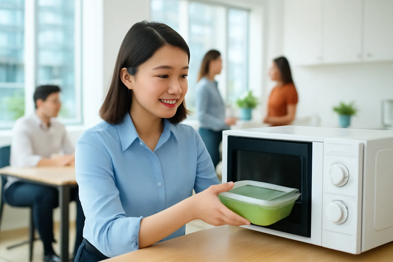 Nhân viên văn phòng đặt hộp cơm vào lò vi sóng ở phòng ăn công ty