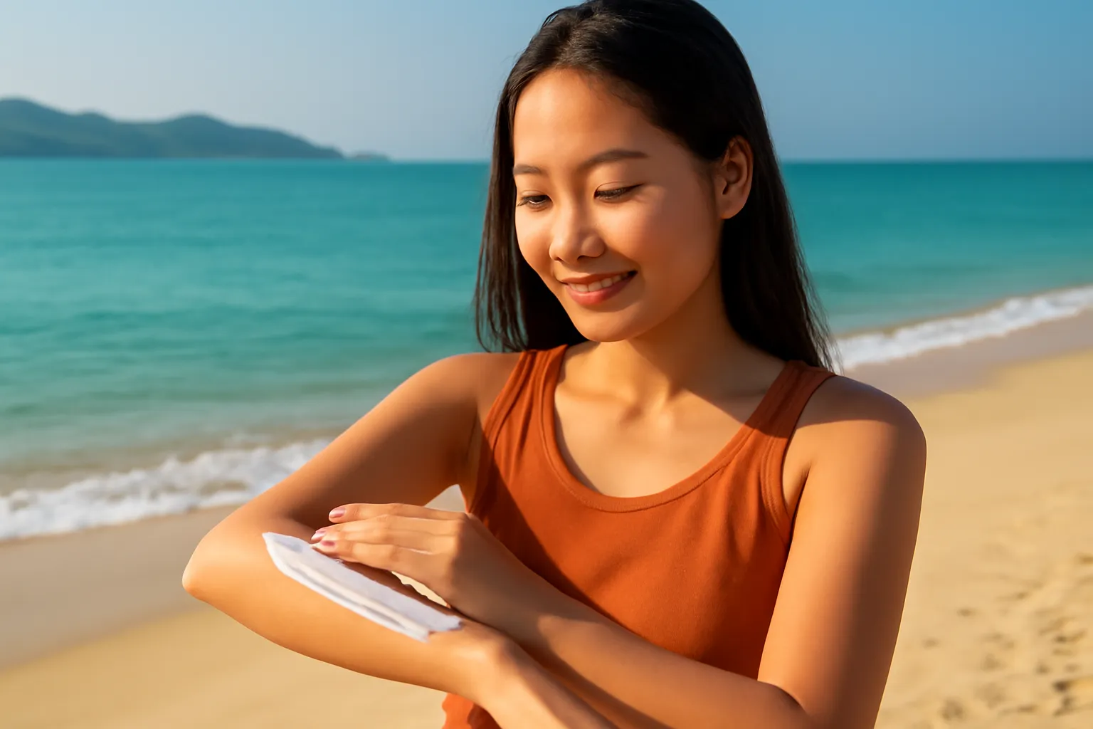 Cô gái thoa kem chống nắng trắng lên cánh tay trên bãi biển buổi sáng