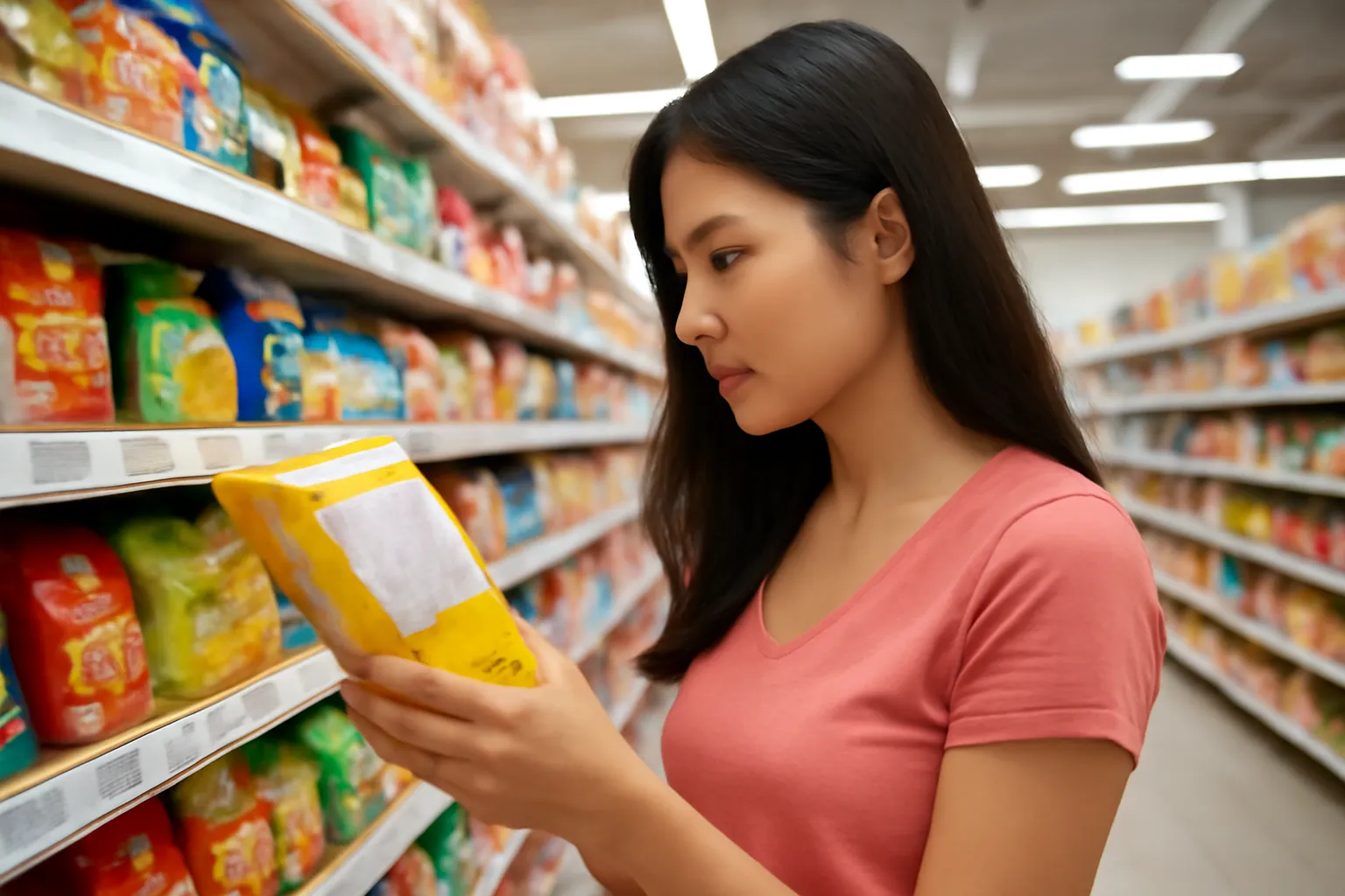 Người mua hàng lật gói bánh đọc mặt sau trong siêu thị
