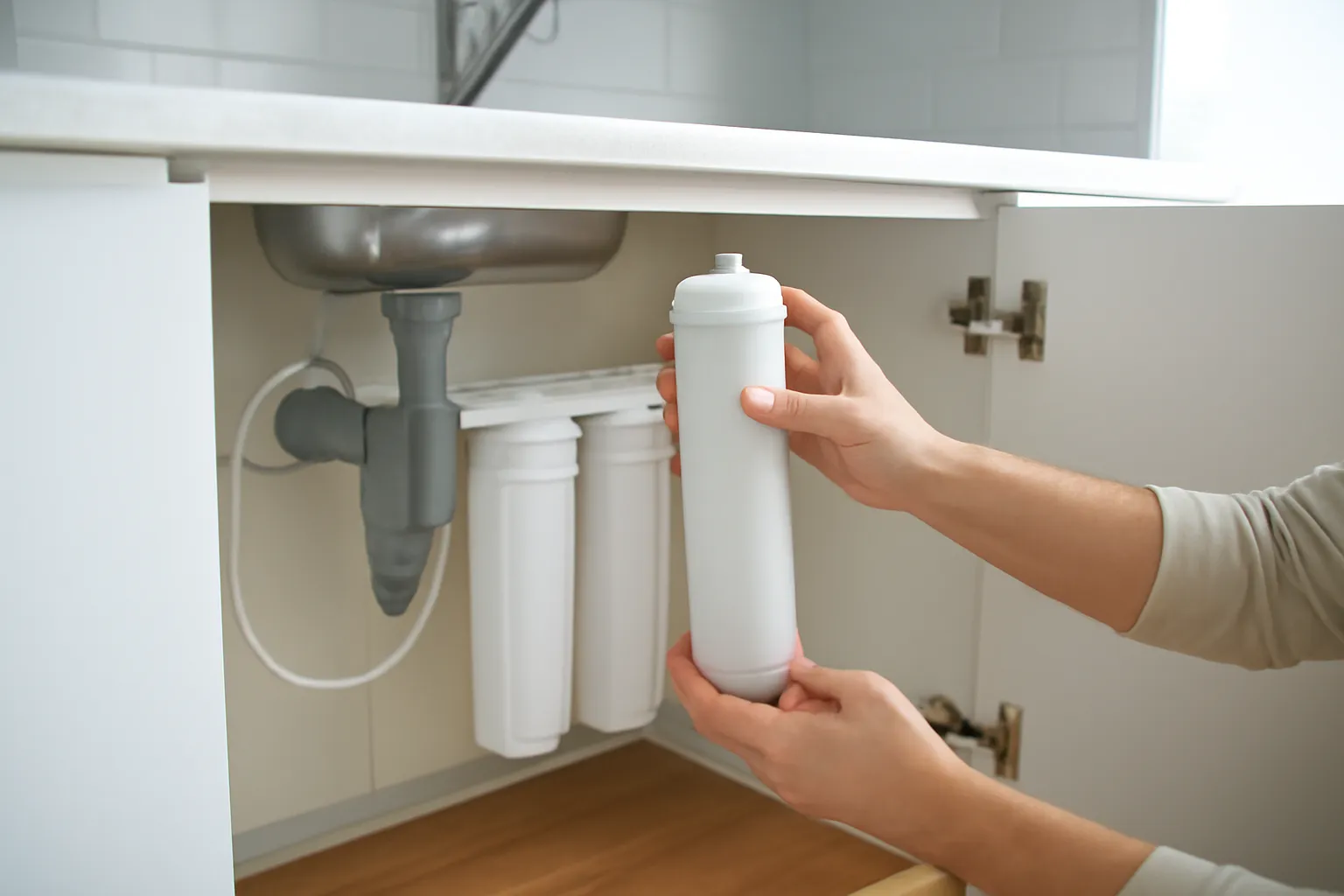 Bàn tay thay lõi lọc trắng của máy lọc nước dưới gầm tủ bếp