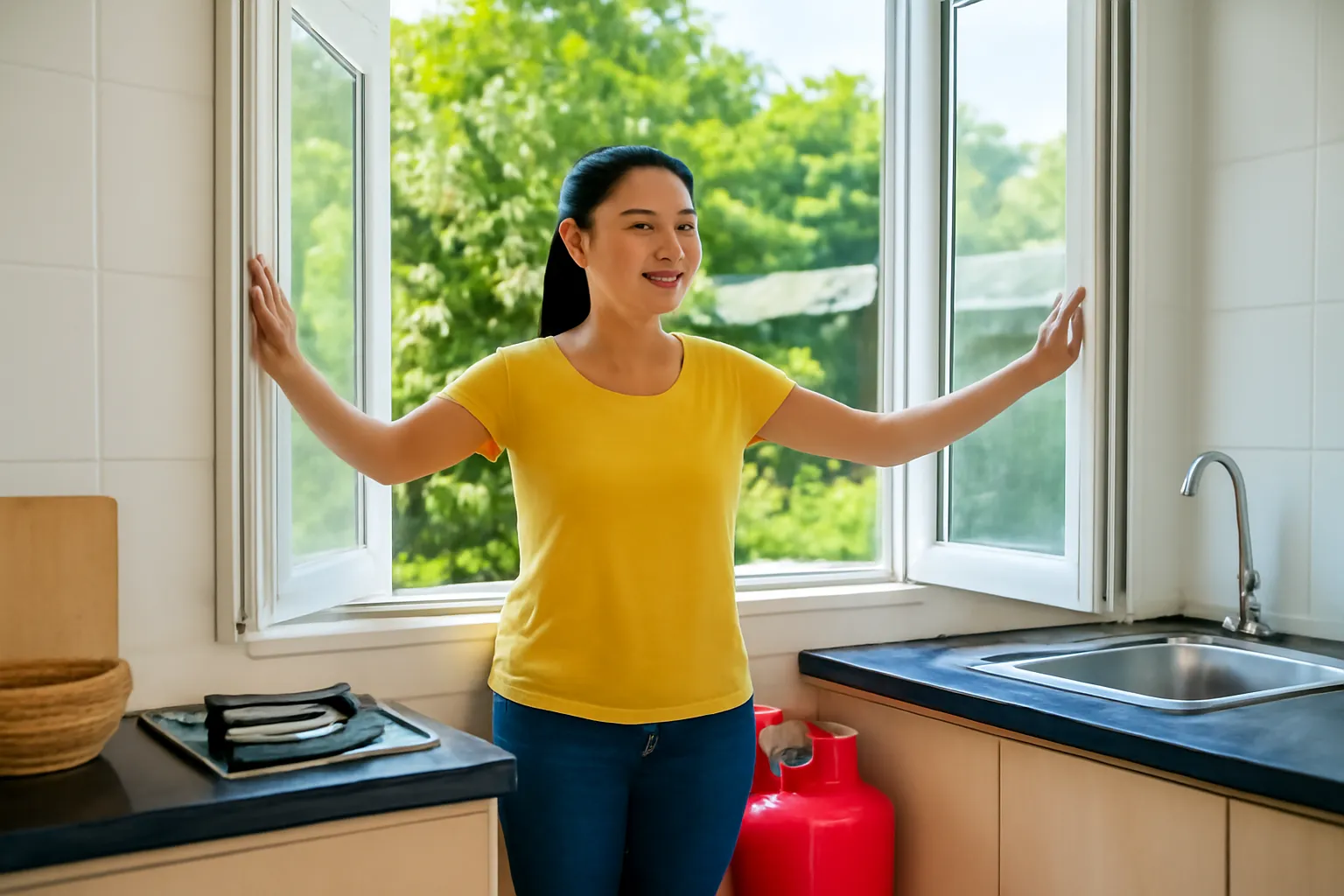 Người phụ nữ mở toang cửa sổ bếp, bình gas đỏ đặt dưới kệ bếp