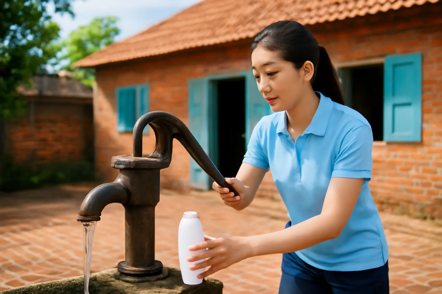 Kỹ thuật viên lấy mẫu nước giếng khoan vào lọ nhựa ở sân gạch