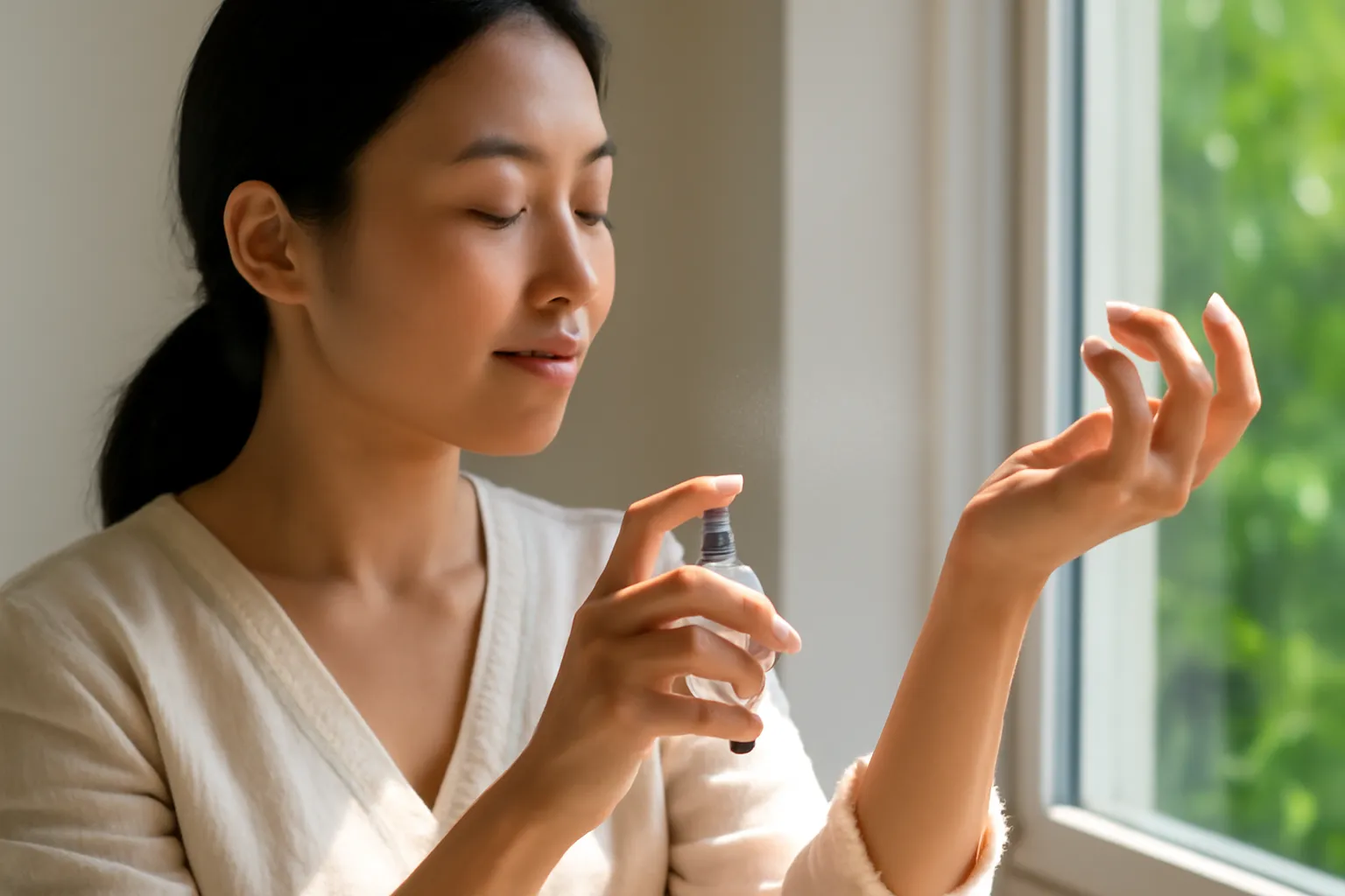 Người phụ nữ xịt nước hoa lên cổ tay cạnh cửa sổ sáng