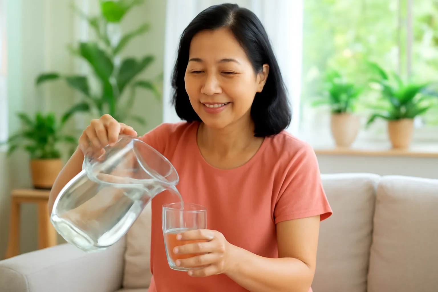 Người phụ nữ trung niên rót nước vào ly thuỷ tinh trong phòng khách
