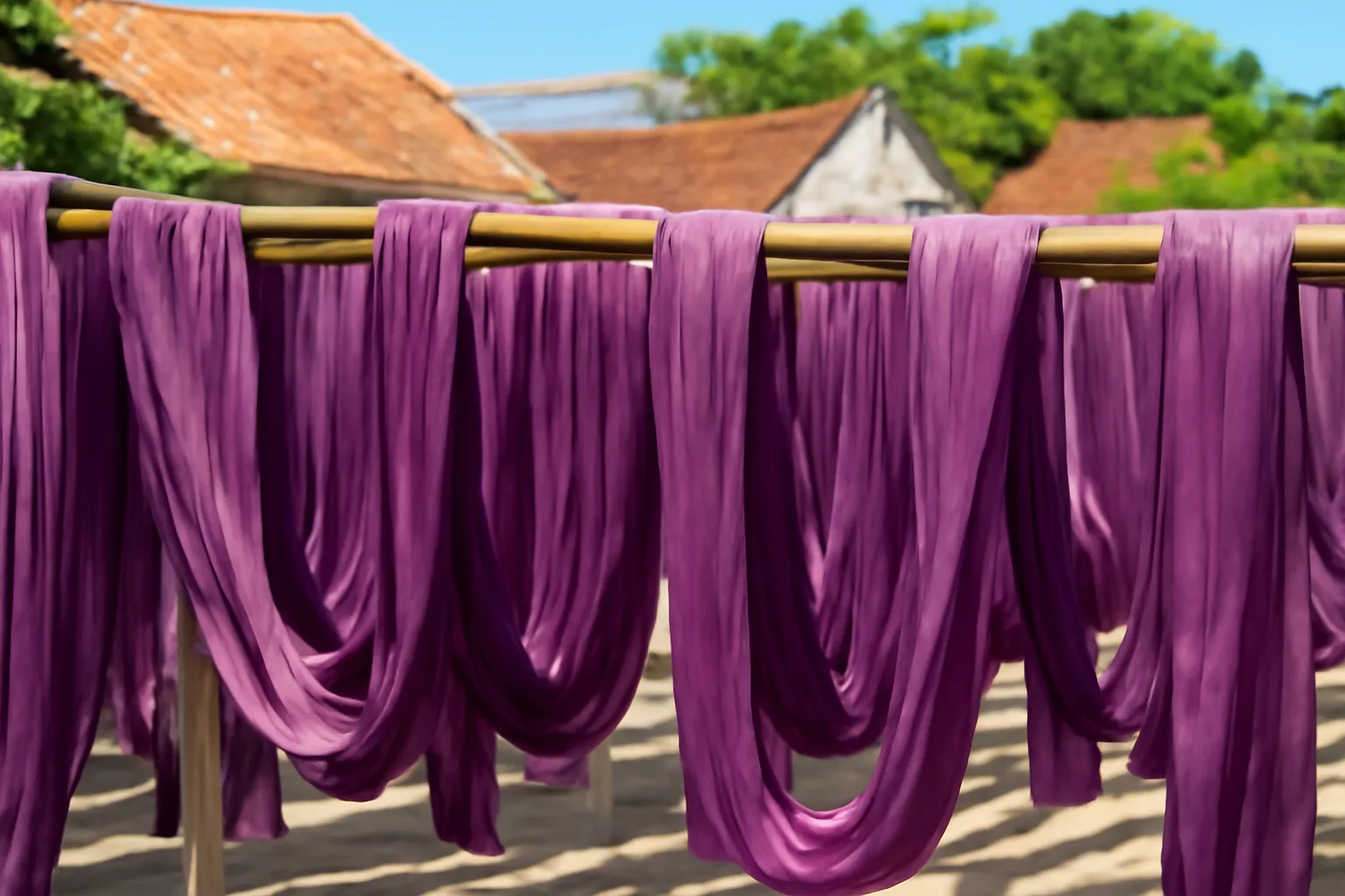 Những súc lụa màu tím hoa cà phơi ở làng lụa trong gió nhẹ