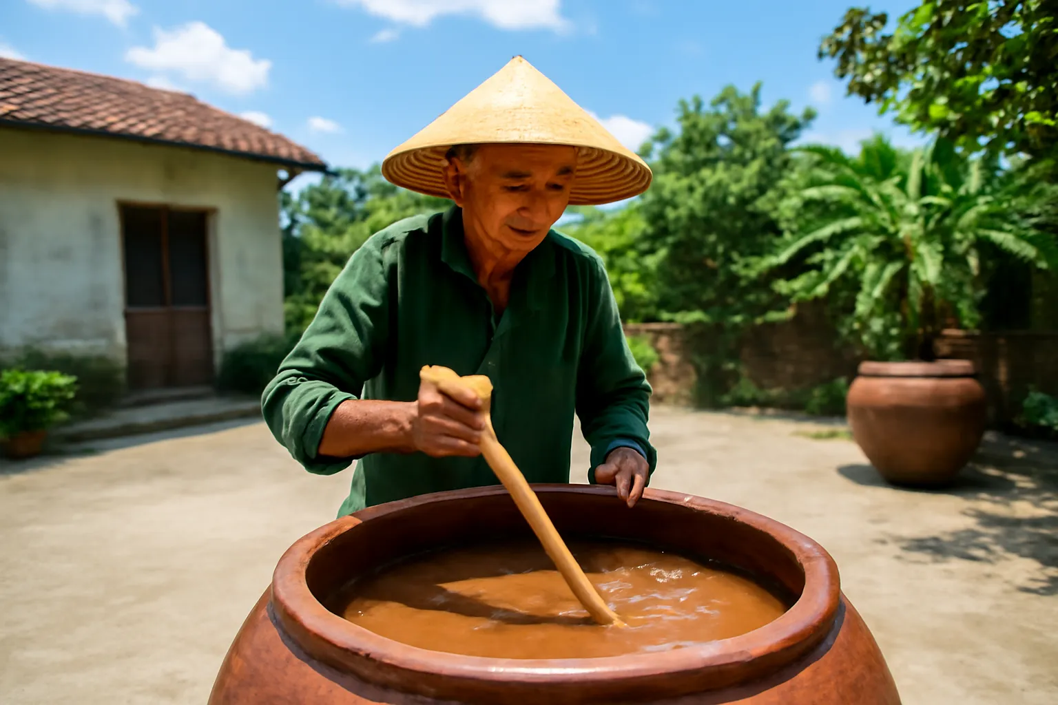 Người nông dân khuấy lu nước đục bằng que tre ở sân nhà quê