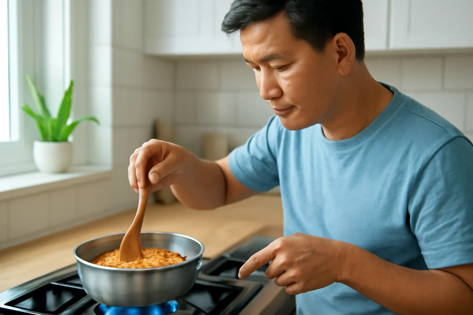 Người đàn ông khuấy chảo đường đang chuyển màu hổ phách trên bếp gas
