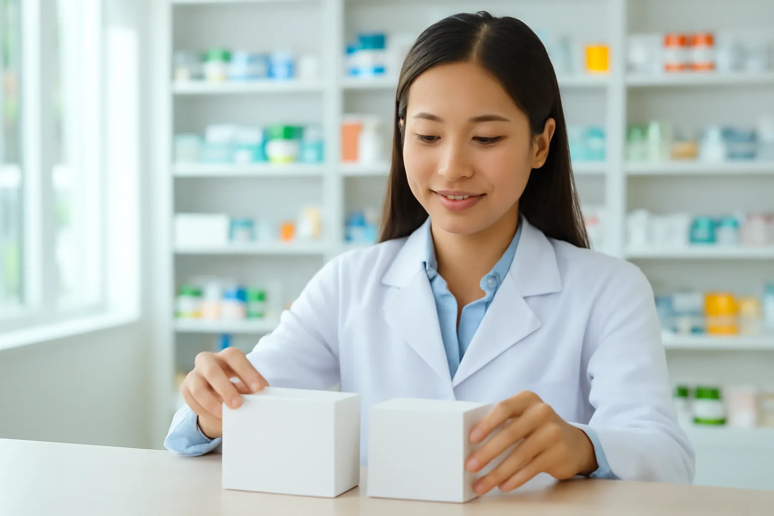 Dược sĩ trẻ đặt hai hộp thuốc trơn lên quầy nhà thuốc