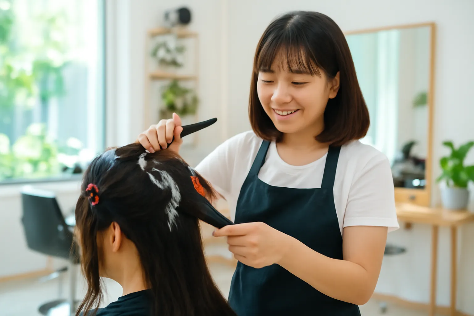 Thợ tóc quét thuốc nhuộm lên tóc khách trong tiệm sáng sủa