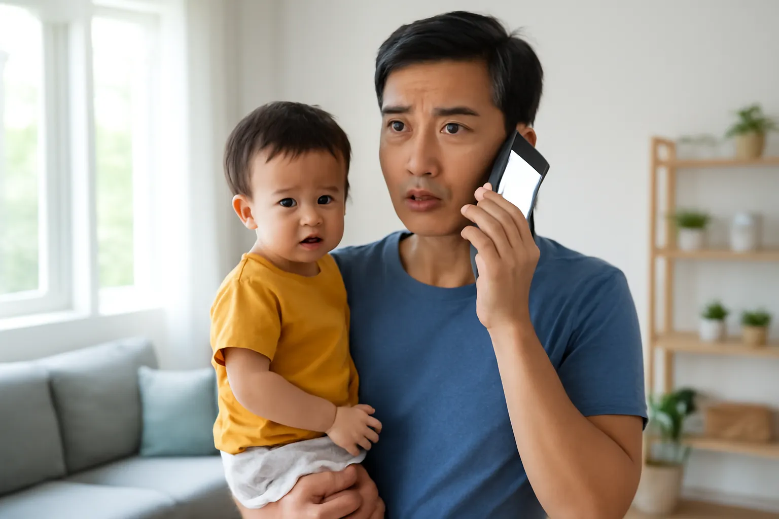 Người bố bế con nhỏ, tay kia cầm điện thoại gọi cấp cứu trong phòng khách