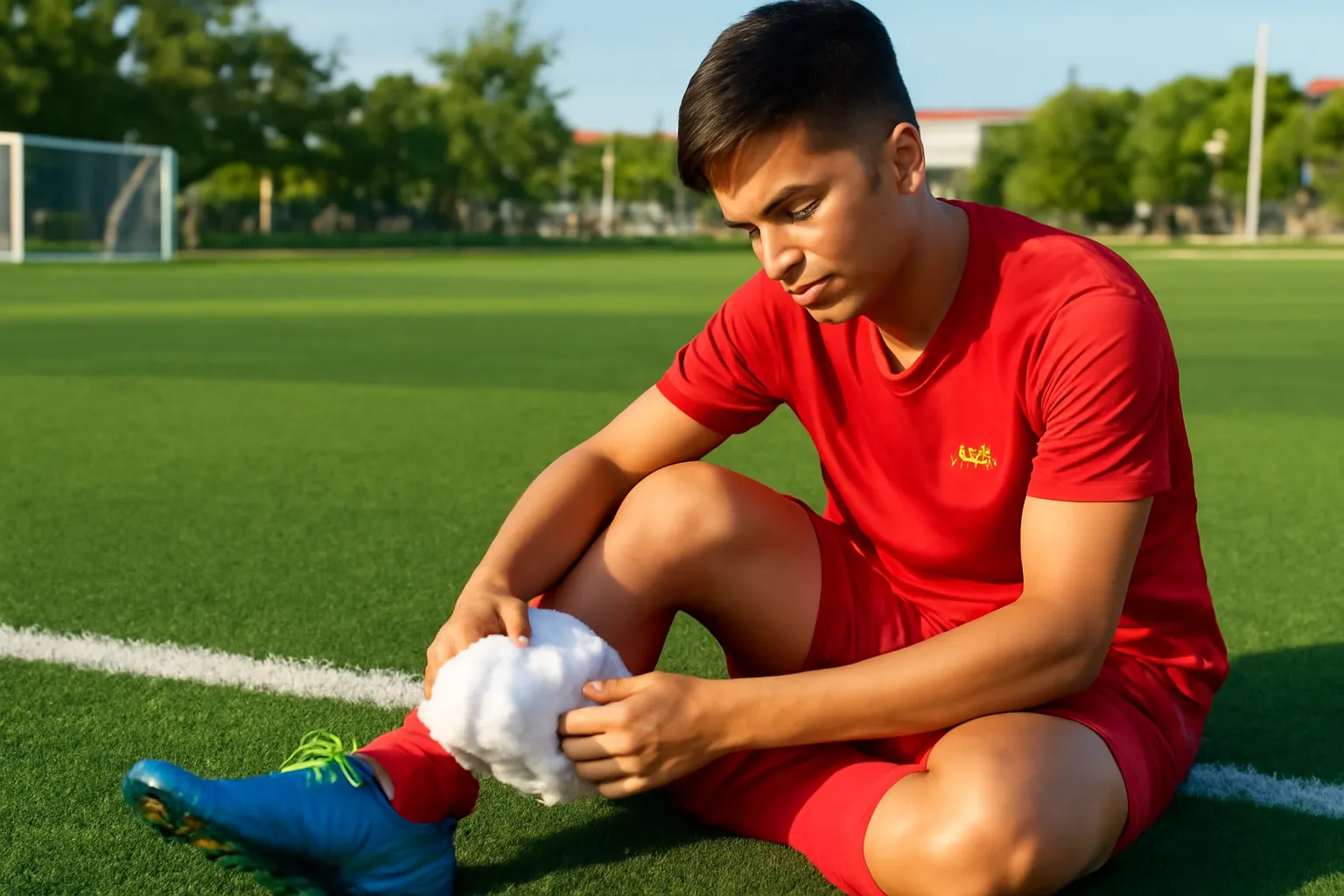 Cầu thủ nghiệp dư áp túi chườm lên mắt cá bên sân bóng