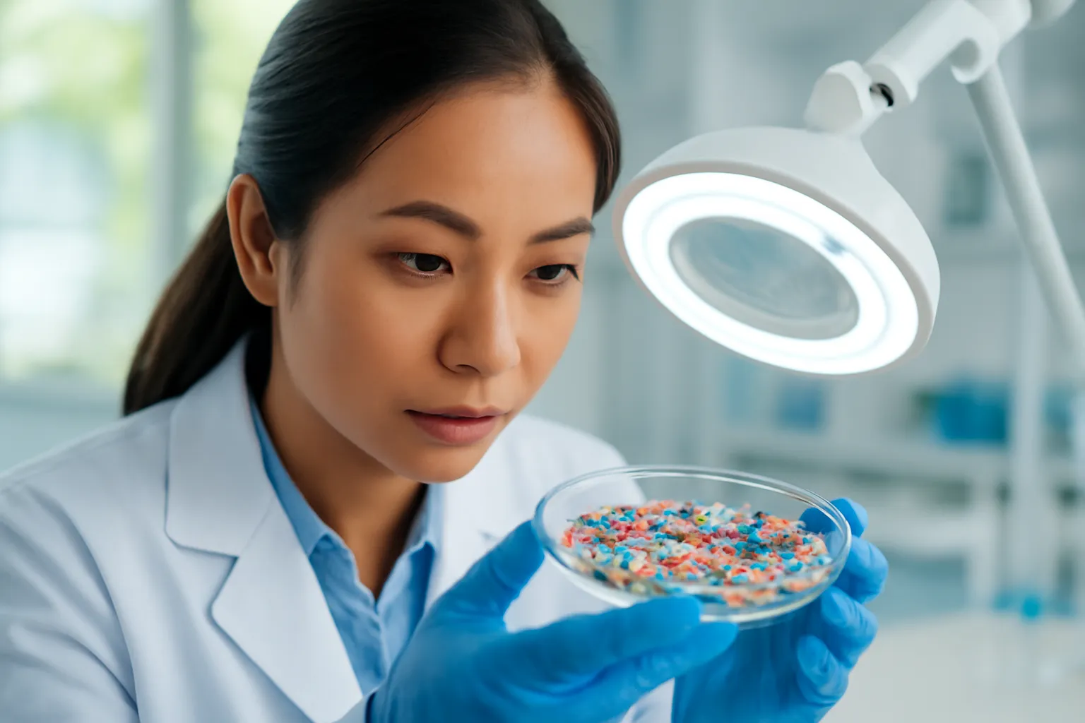 Nhà nghiên cứu soi mẫu hạt nhựa nhỏ trên đĩa thí nghiệm bằng kính lúp
