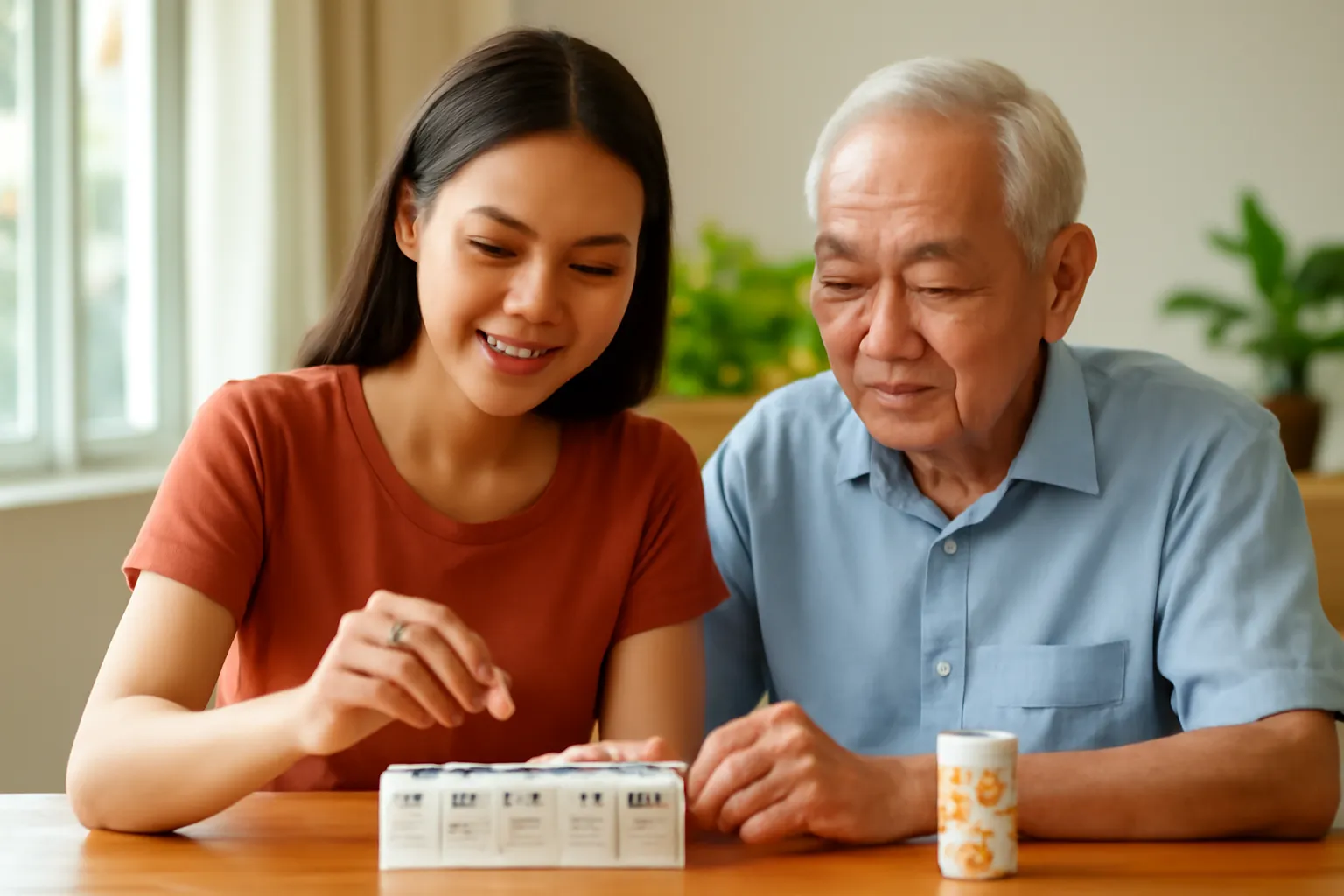 Người con gái chia thuốc vào hộp chia ngày cho bố ở bàn ăn