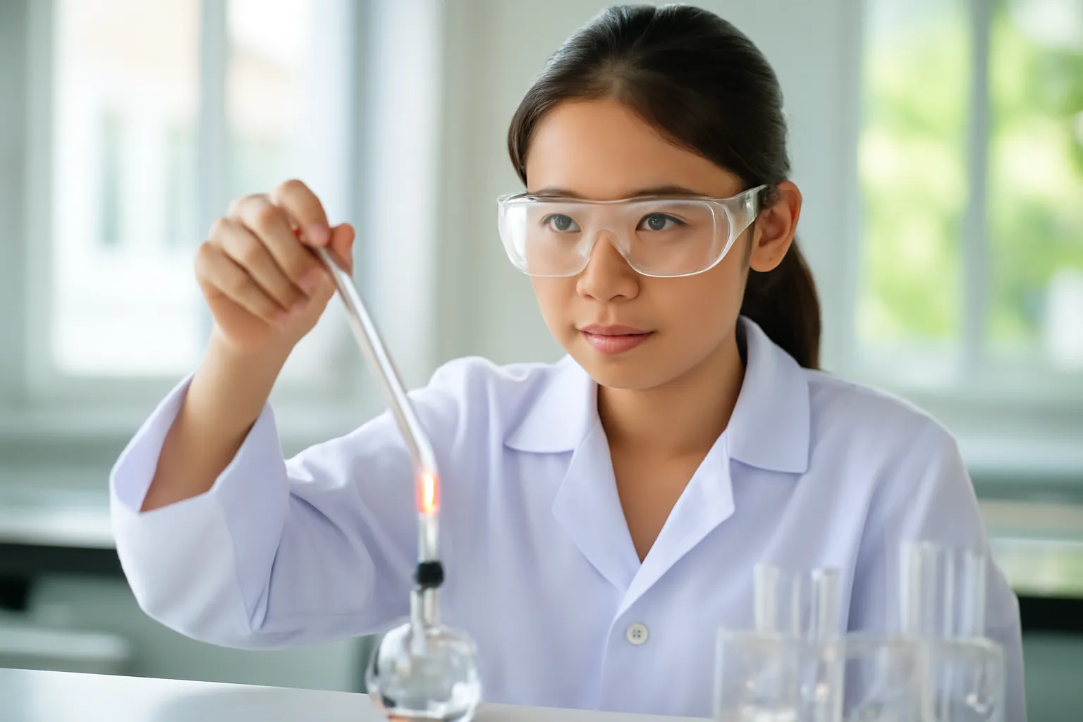 Sinh viên hoá học đun ống nghiệm trên đèn cồn trong phòng thí nghiệm trường