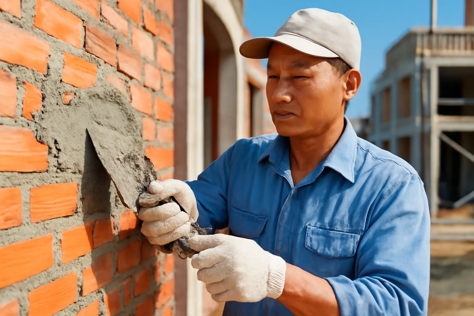 Thợ hồ trát vữa lên bức tường gạch đỏ ở công trình nhà phố